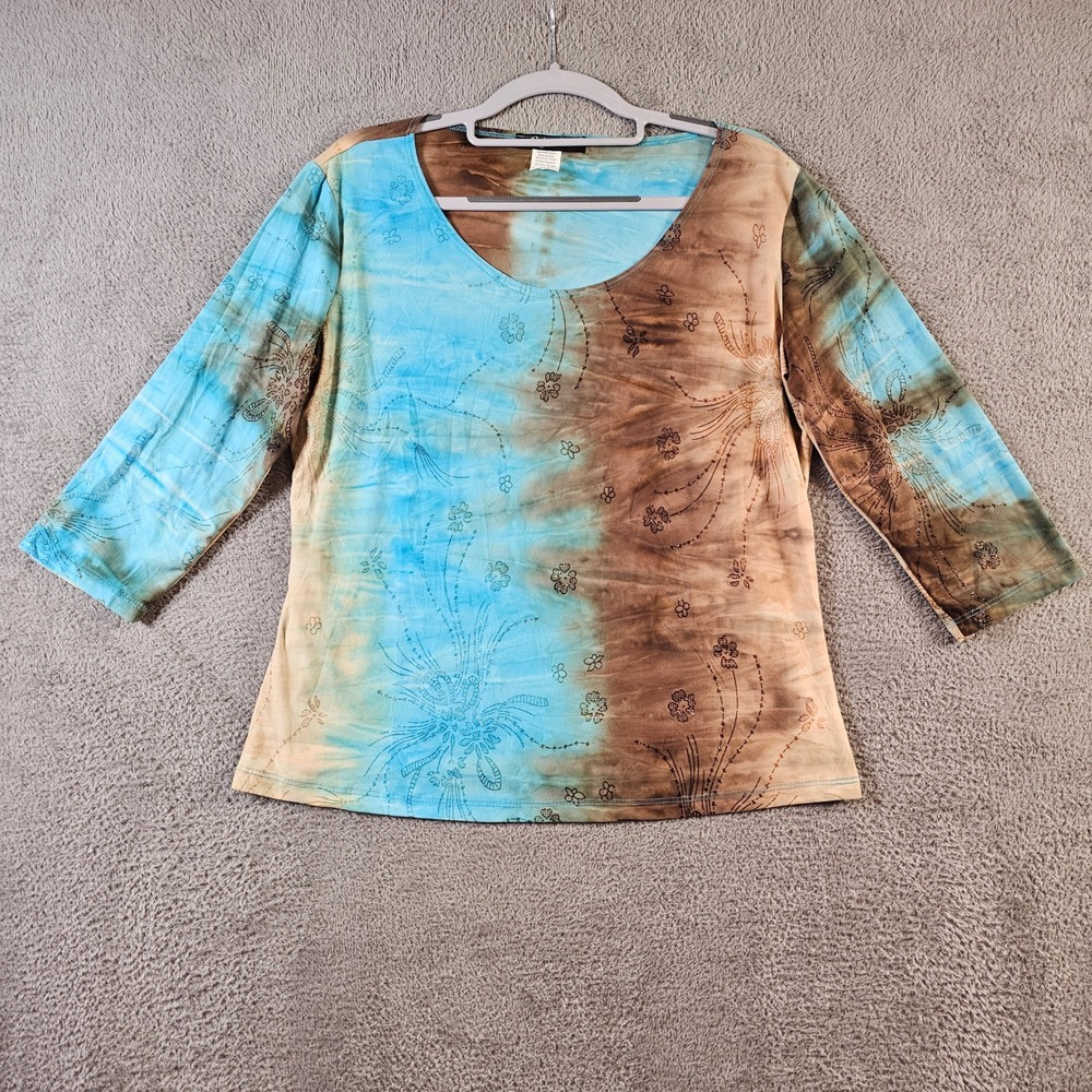 Only Nine Womens XL Blue Brown Tie Dye Floral Glitter 3/4 Sleeve Top Y2K USA